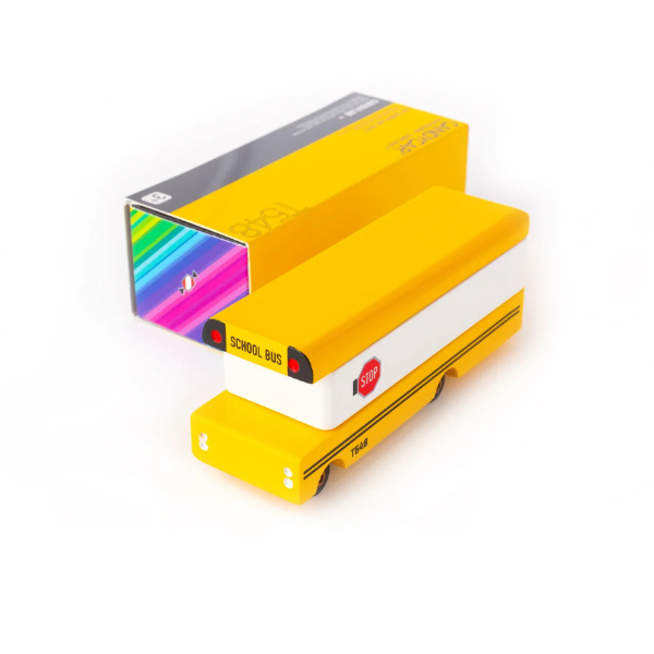 Candylab Toys Wooden School Bus beside its rainbow Candycar retail box
