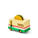 Candylab Toys Wooden Taco Van, cream and green van with a taco on the roof, front angled view