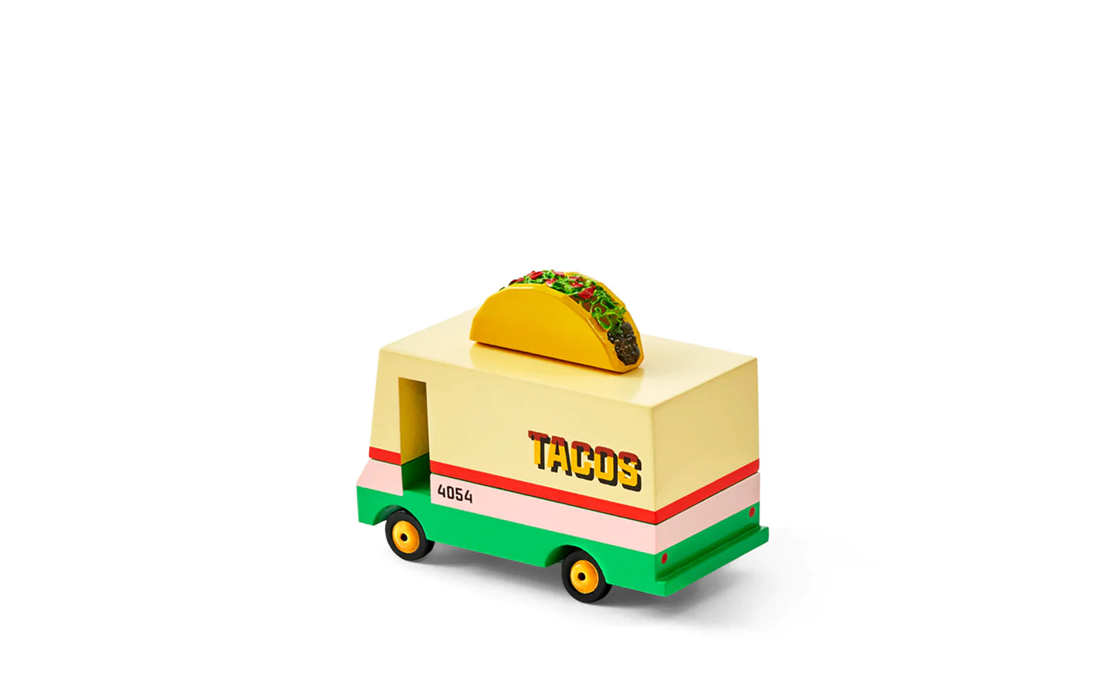 Candylab Toys Wooden Taco Van, cream and green van with a taco on the roof, front angled view
