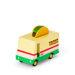 Candylab Toys Wooden Taco Van, cream and green van with a taco on the roof, rear angled view