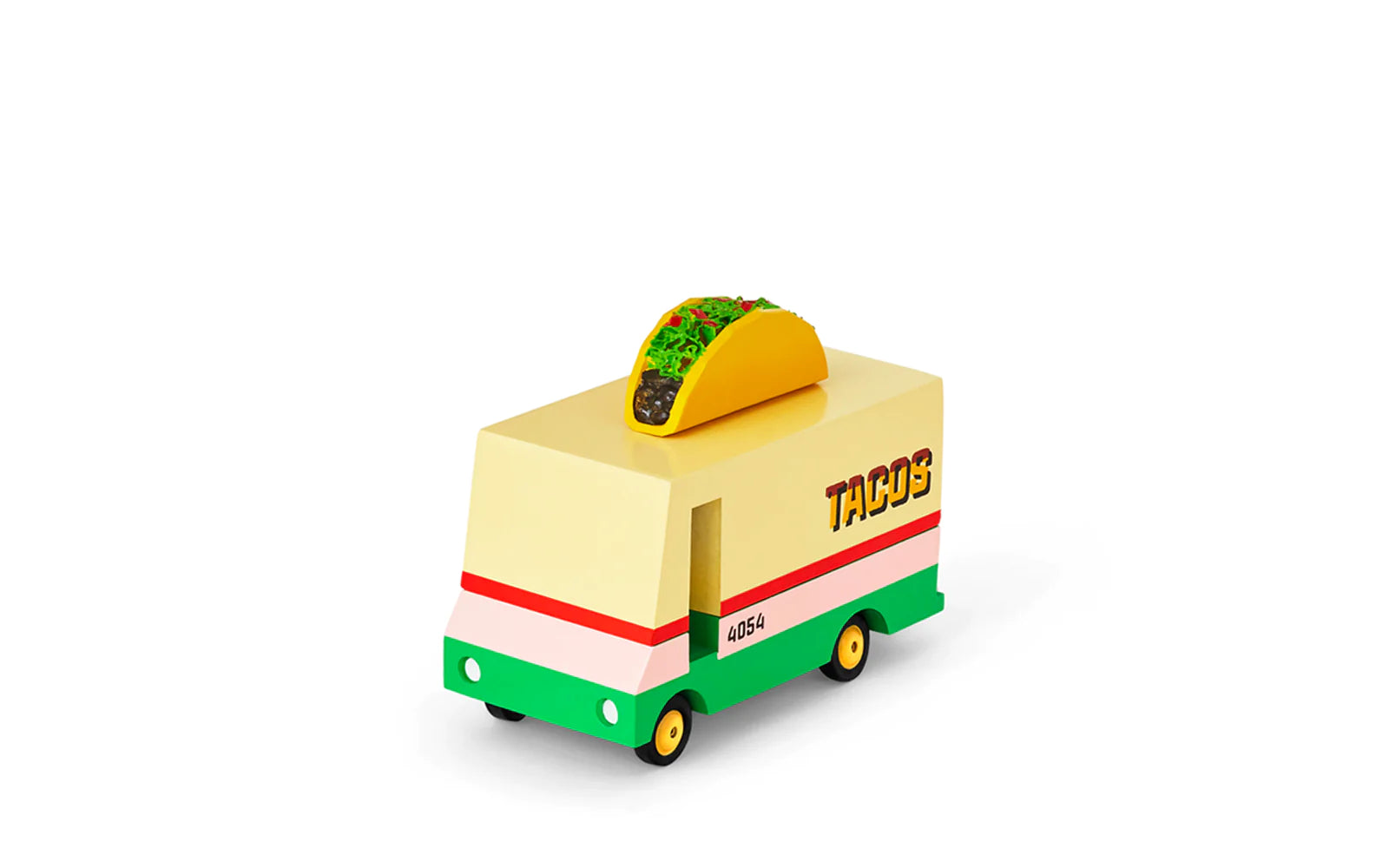 Candylab Toys Wooden Taco Van, cream and green van with a taco on the roof, rear angled view