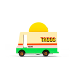 Candylab Toys Wooden Taco Van, a cream and green van with a taco on the roof, side view
