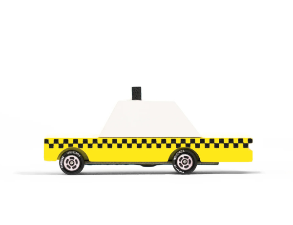 Candylab Toys Yellow Wooden Taxi, a yellow checkered taxi with a white roof, side view
