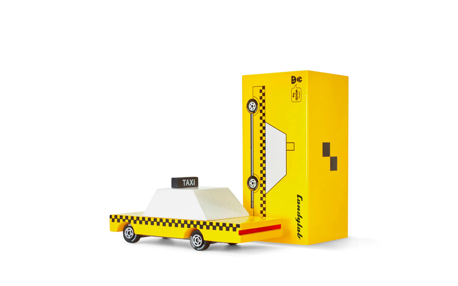 Candylab Toys Yellow Wooden Taxi beside its yellow Candycar retail box