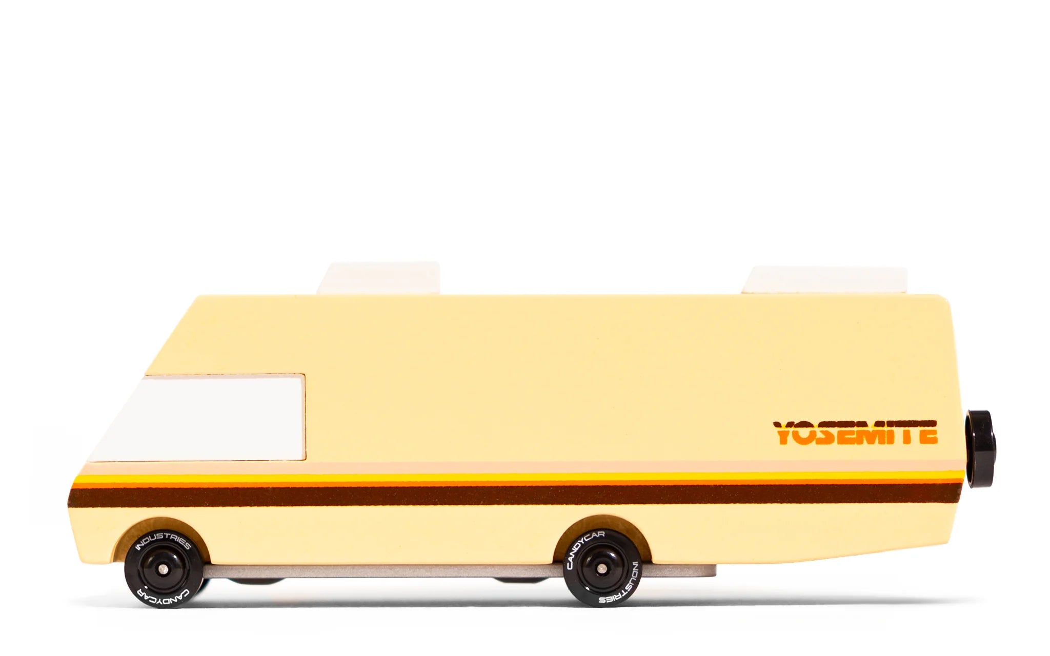 Candylab Toys Yosemite Wooden RV, a cream and brown retro camper van toy, side view