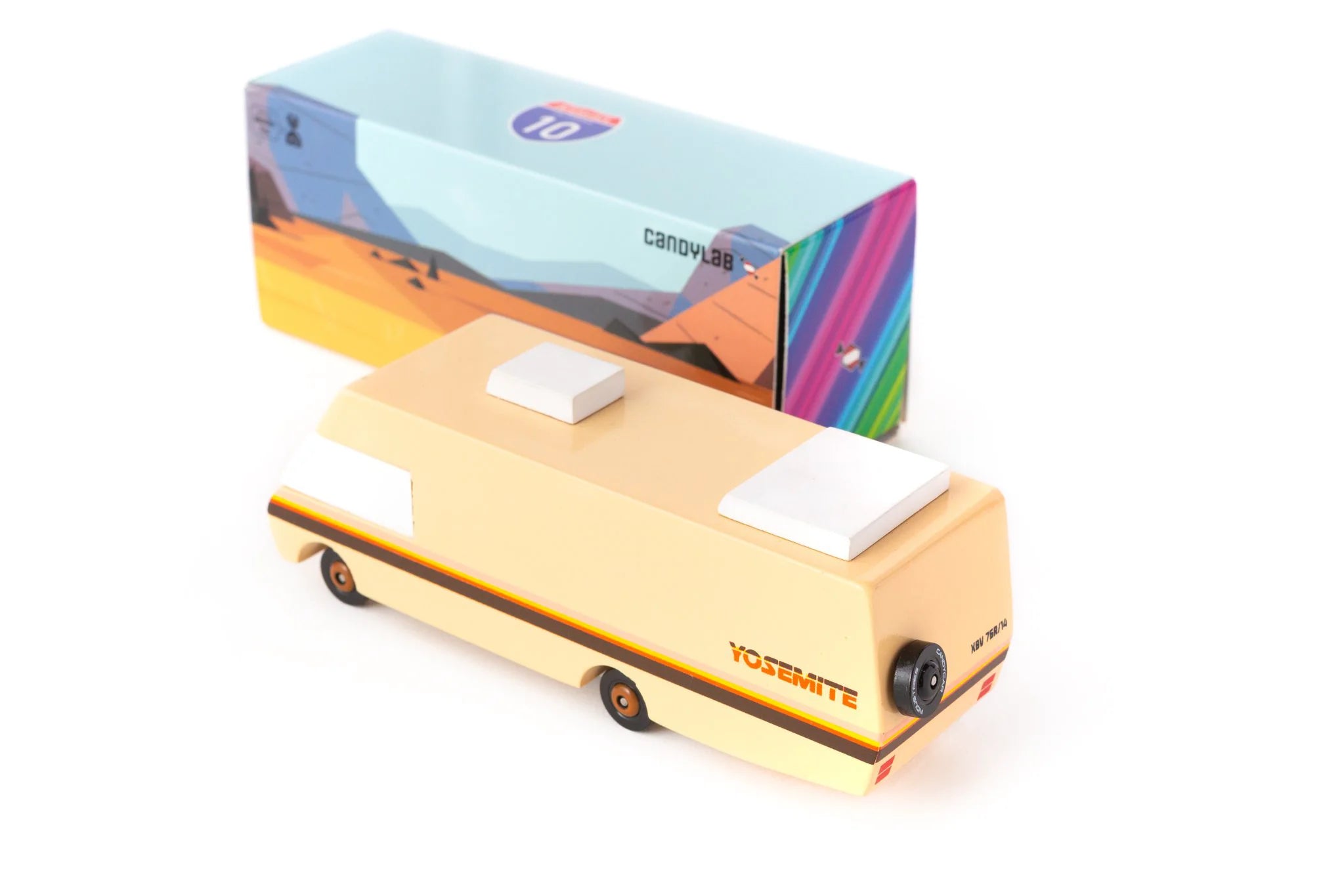 Candylab Toys Yosemite Wooden RV beside its Candycar retail box