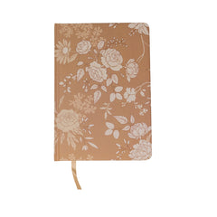 Canyon Rose hardcover notebook, a warm clay rose textured cover printed with white roses, daisies, and leaves, with a matching ribbon marker, on a white background.