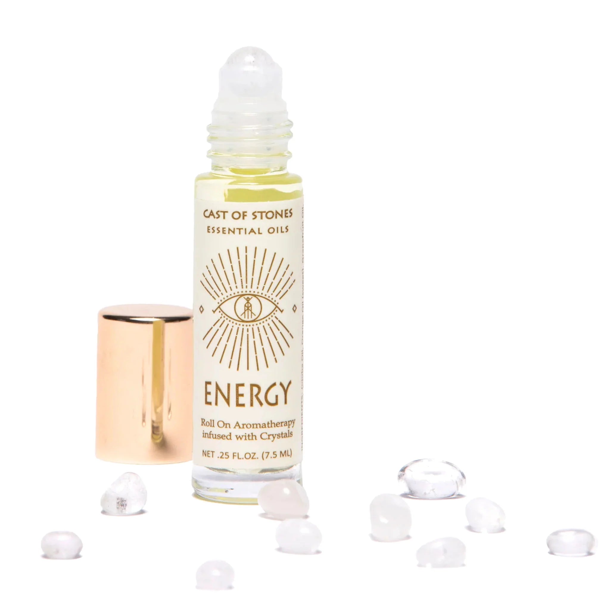 Cast of Stones Roll On Aromatherapy Energy Essential Oil with a clear quartz rollerball and loose stones