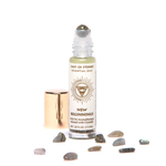 Cast of Stones Roll On Aromatherapy New Beginnings Oil with a labradorite rollerball and loose stones