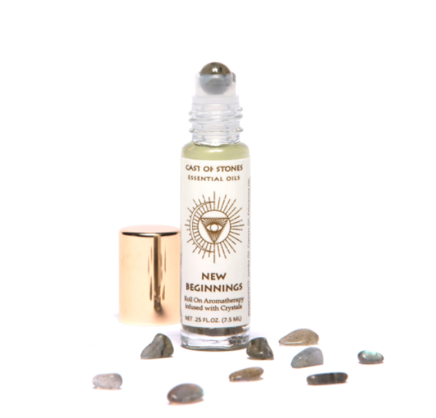 Cast of Stones Roll On Aromatherapy New Beginnings Oil with a labradorite rollerball and loose stones
