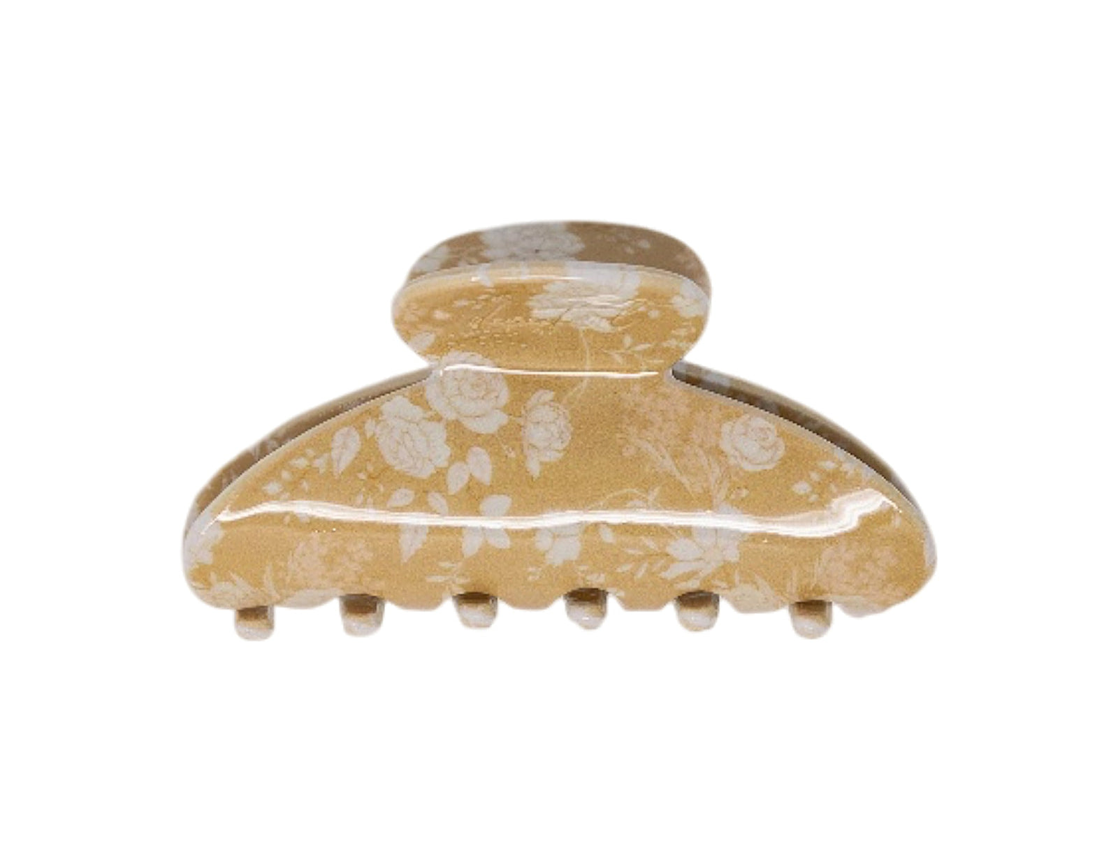 Classic claw clip in Canyon Rose, a glossy hair claw clip printed with white roses and daisies on a warm clay rose ground, on a white background.