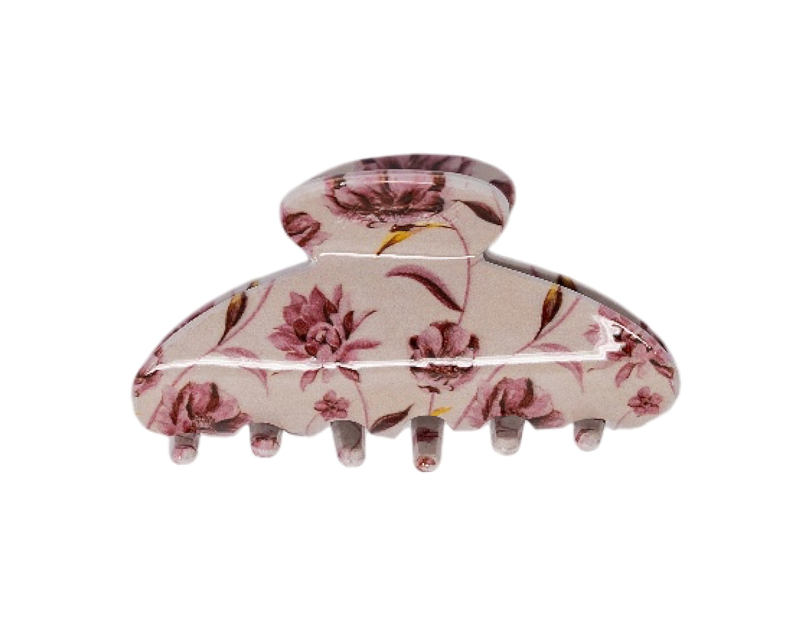 Classic claw clip in Mulberry Floral, a glossy light beige hair claw clip with a dusty pink and burgundy floral print, on a white background.