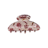 Classic claw clip in Mulberry Floral, a glossy light beige hair claw clip with a dusty pink and burgundy floral print, on a white background.