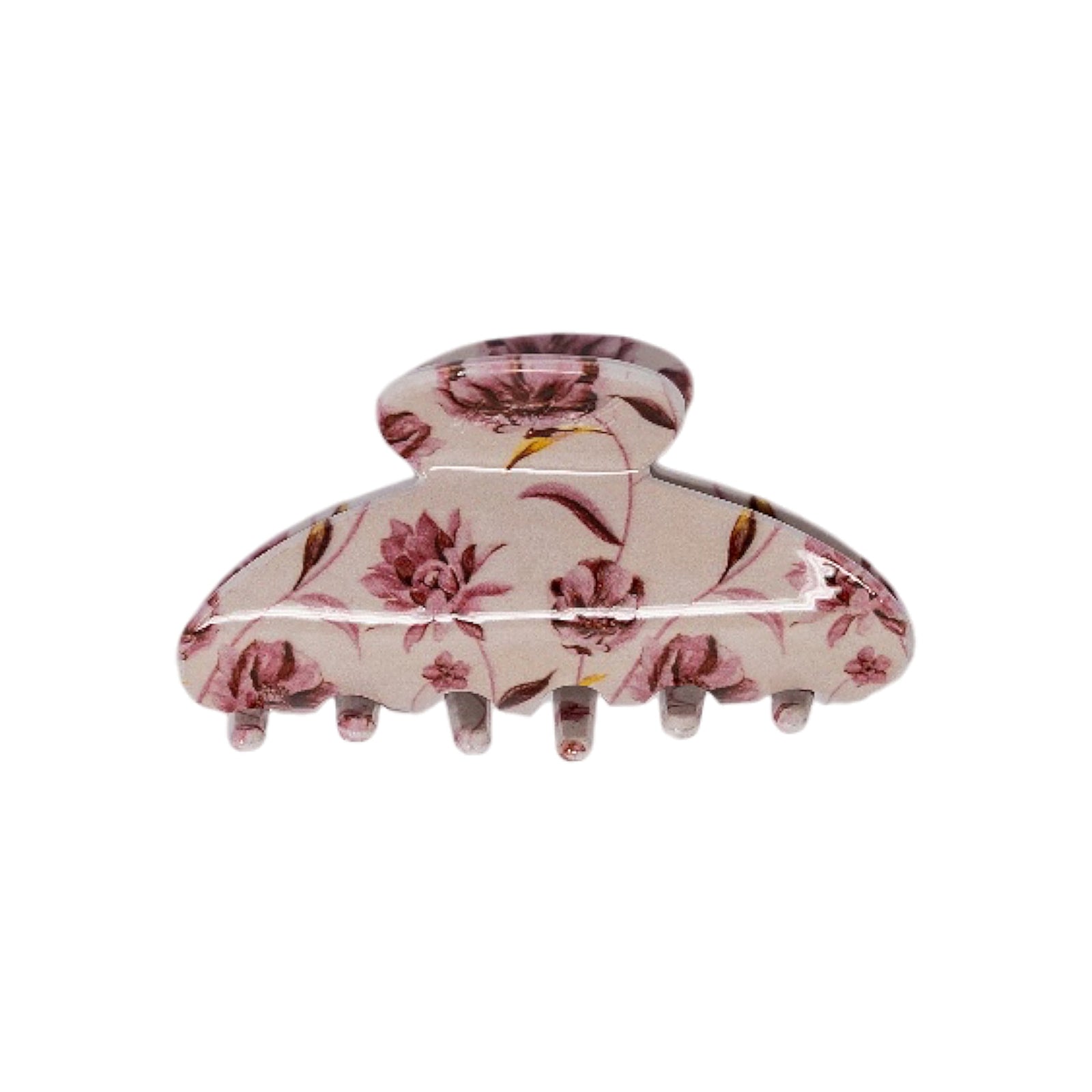 Classic claw clip in Mulberry Floral, a glossy light beige hair claw clip with a dusty pink and burgundy floral print, on a white background.