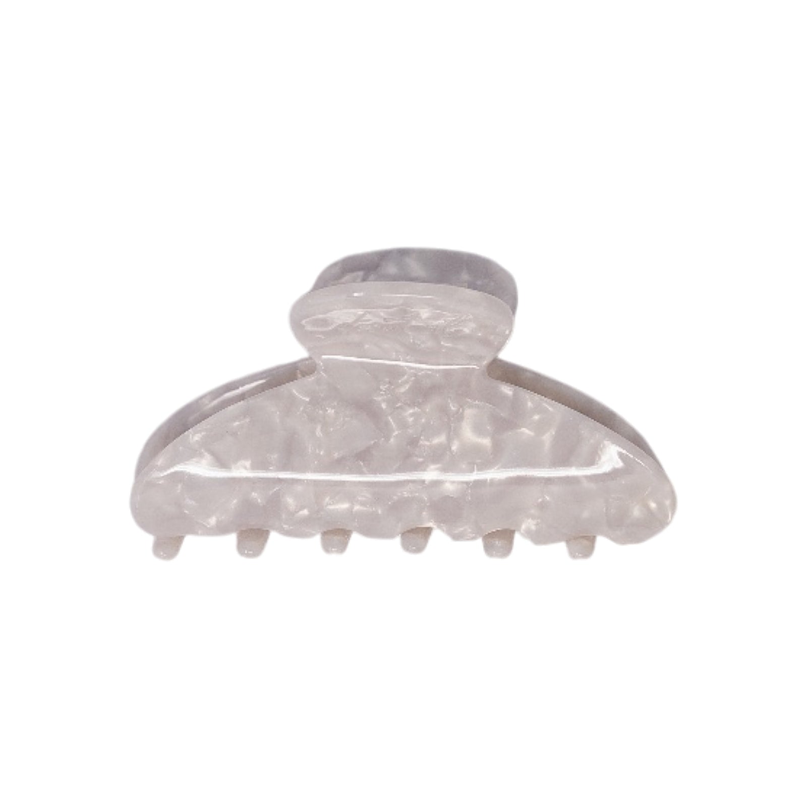 Classic claw clip in Pearl, a glossy translucent marbled white hair claw clip, on a white background.