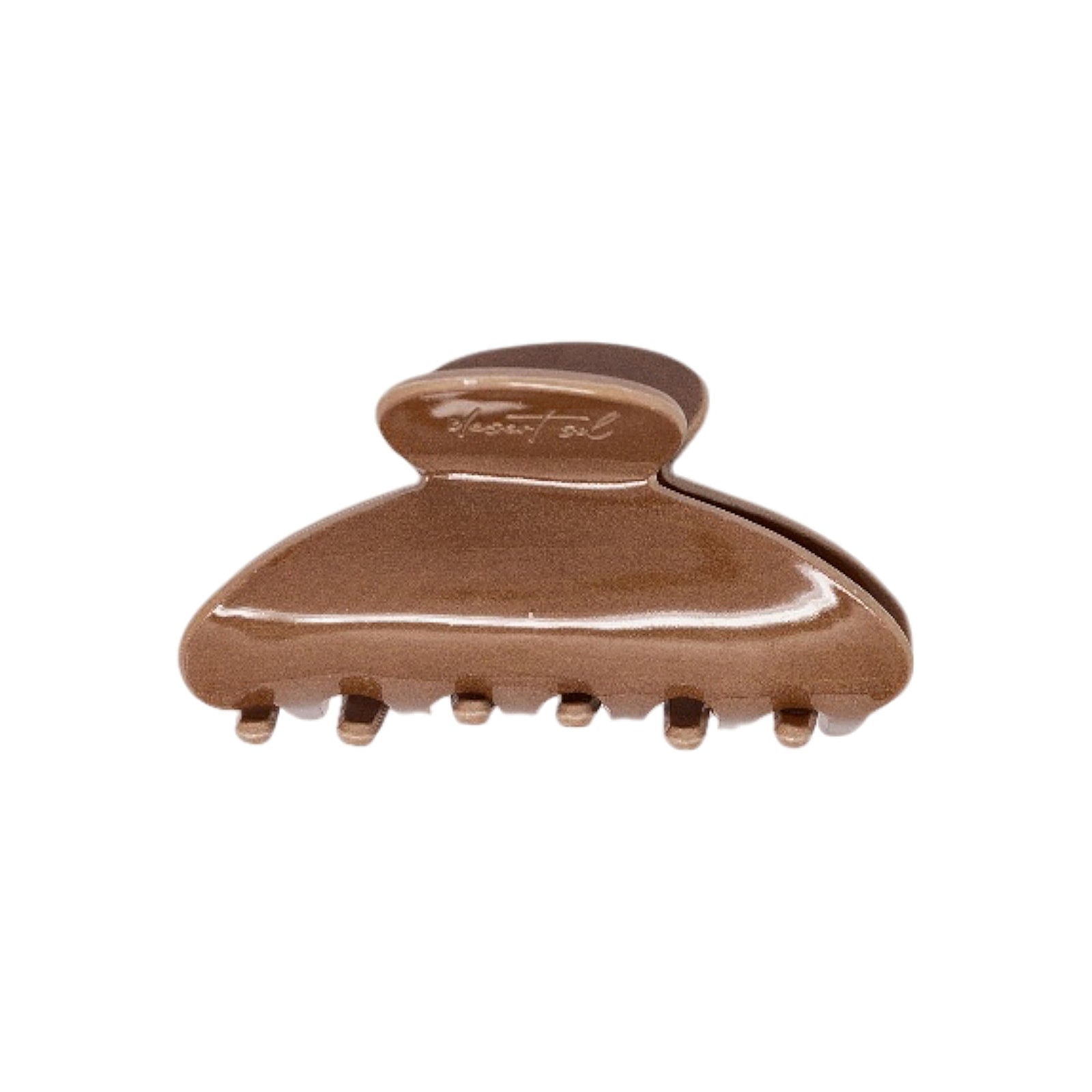 Classic claw clip in Roman Clay, a glossy warm brown hair claw clip with a small embossed logo on the top loop, on a white background.