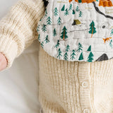 Close-up of the pine tree and park map print on the Clementine Kids National Park Bib