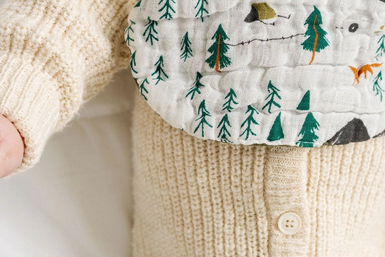 Close-up of the pine tree and park map print on the Clementine Kids National Park Bib