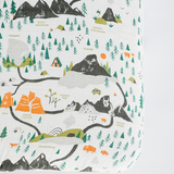 Close-up of the illustrated national parks map print on the Clementine Kids National Parks Crib Sheet
