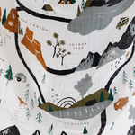 Close-up of the illustrated national parks map print on the Clementine Kids National Parks Swaddle