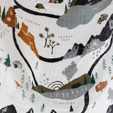 Close-up of the illustrated national parks map print on the Clementine Kids National Parks Swaddle