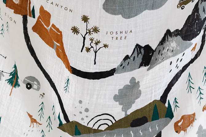 Close-up of the illustrated national parks map print on the Clementine Kids National Parks Swaddle