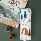 Clementine Kids National Parks Swaddle folded beside a National Parks of the USA book and pinecones