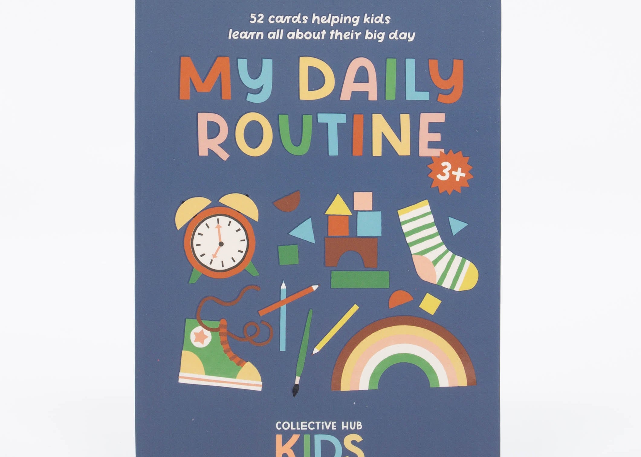 Collective Hub My Daily Routine Deck, a navy box of 52 kids routine cards with colorful illustrations