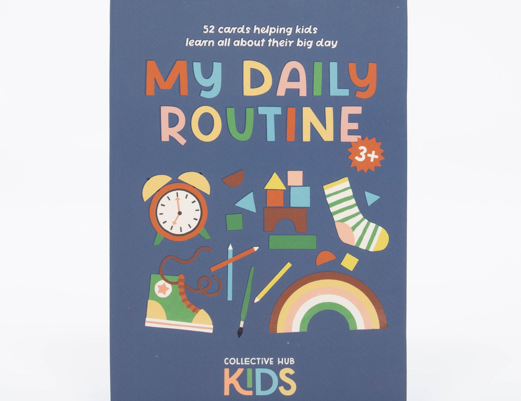 Collective Hub My Daily Routine Deck, a navy box of 52 kids routine cards with colorful illustrations