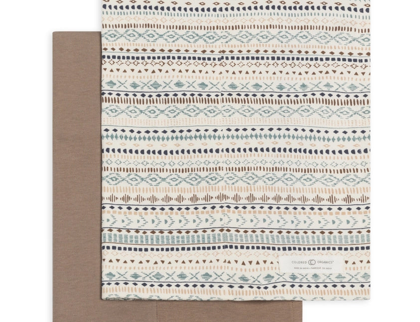 Colored Organics 2-Pack Organic Baby Burp Cloths in Southwest and Taupe, one solid taupe cloth and one cream cloth with a striped Southwest pattern in navy, teal and rust