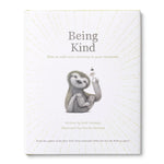 Compendium Being Kind book, white cover with a gray sloth illustration and gold sunburst lines