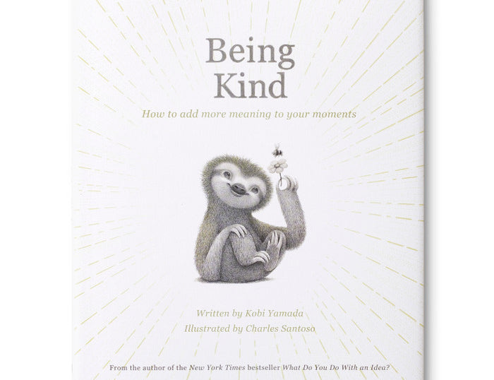 Compendium Being Kind book, white cover with a gray sloth illustration and gold sunburst lines