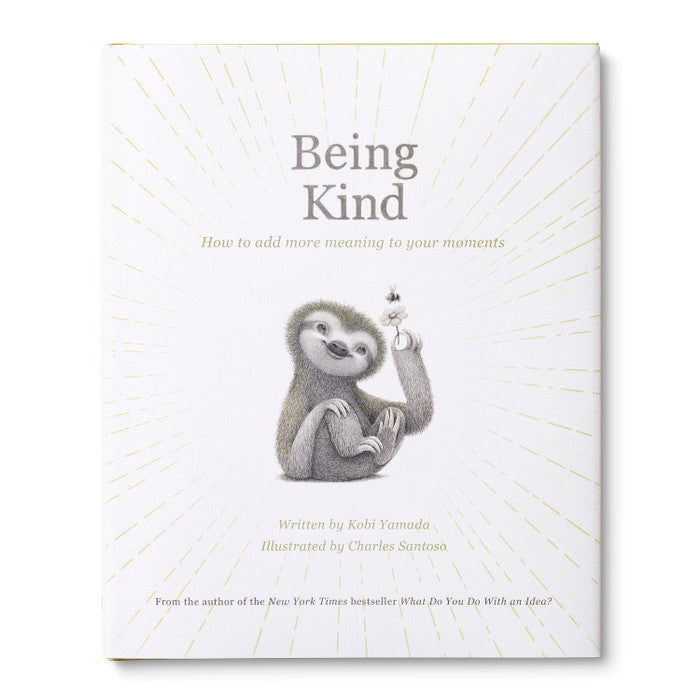 Compendium Being Kind book, white cover with a gray sloth illustration and gold sunburst lines