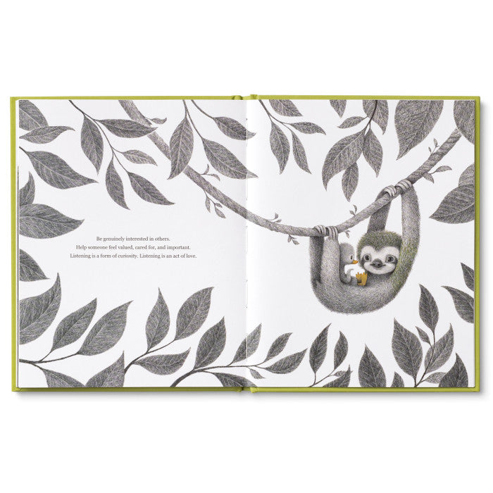 Compendium Being Kind book open to an illustration of a sloth resting among gray leaves