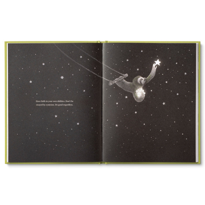 Compendium Being Kind book open to a sloth reaching for a star in a black night sky