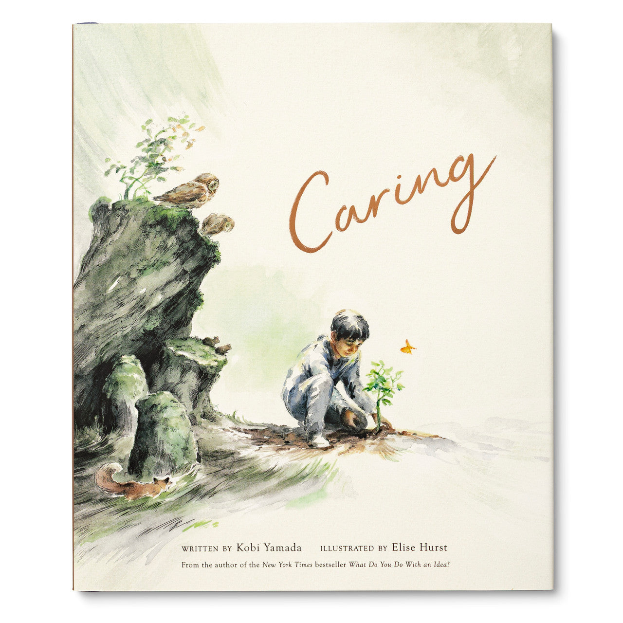 Compendium Caring book cover with a watercolor illustration of a child planting a seedling by a rock