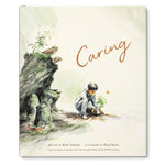 Compendium Caring book cover with a watercolor illustration of a child planting a seedling by a rock