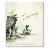 Compendium Caring book cover with a watercolor illustration of a child planting a seedling by a rock