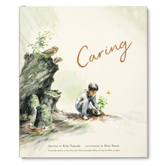 Compendium Caring book cover with a watercolor illustration of a child planting a seedling by a rock