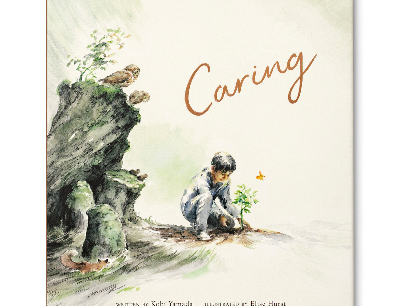 Compendium Caring book cover with a watercolor illustration of a child planting a seedling by a rock