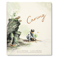 Compendium Caring book cover with a watercolor illustration of a child planting a seedling by a rock