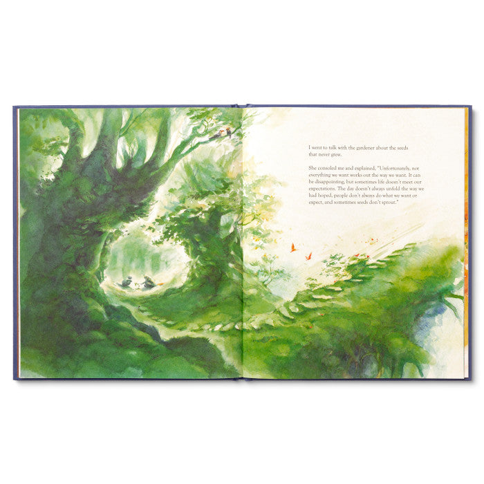 Compendium Caring book open to a lush green forest illustration