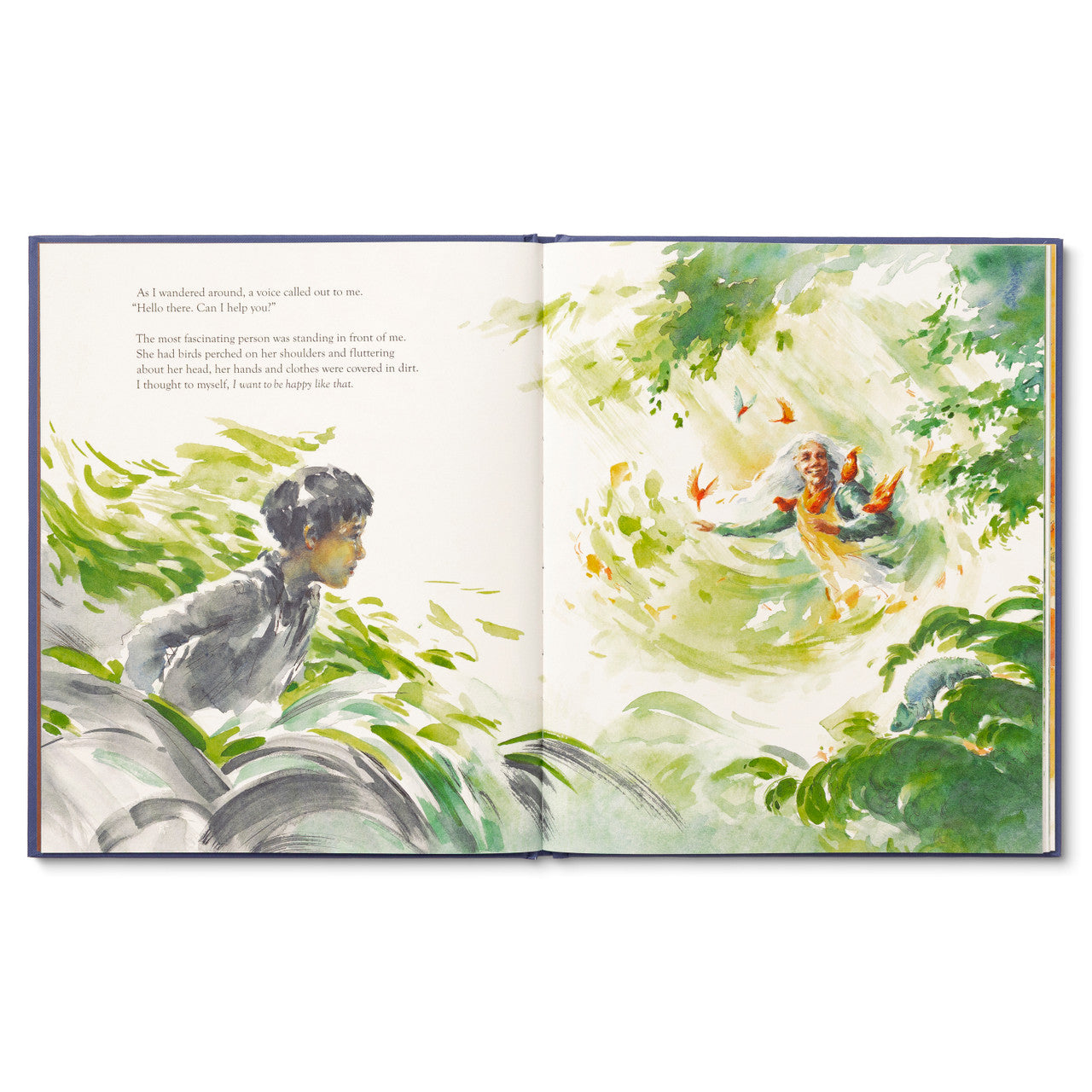Compendium Caring book open to a green watercolor of a child in a garden