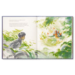 Compendium Caring book open to a green watercolor of a child in a garden