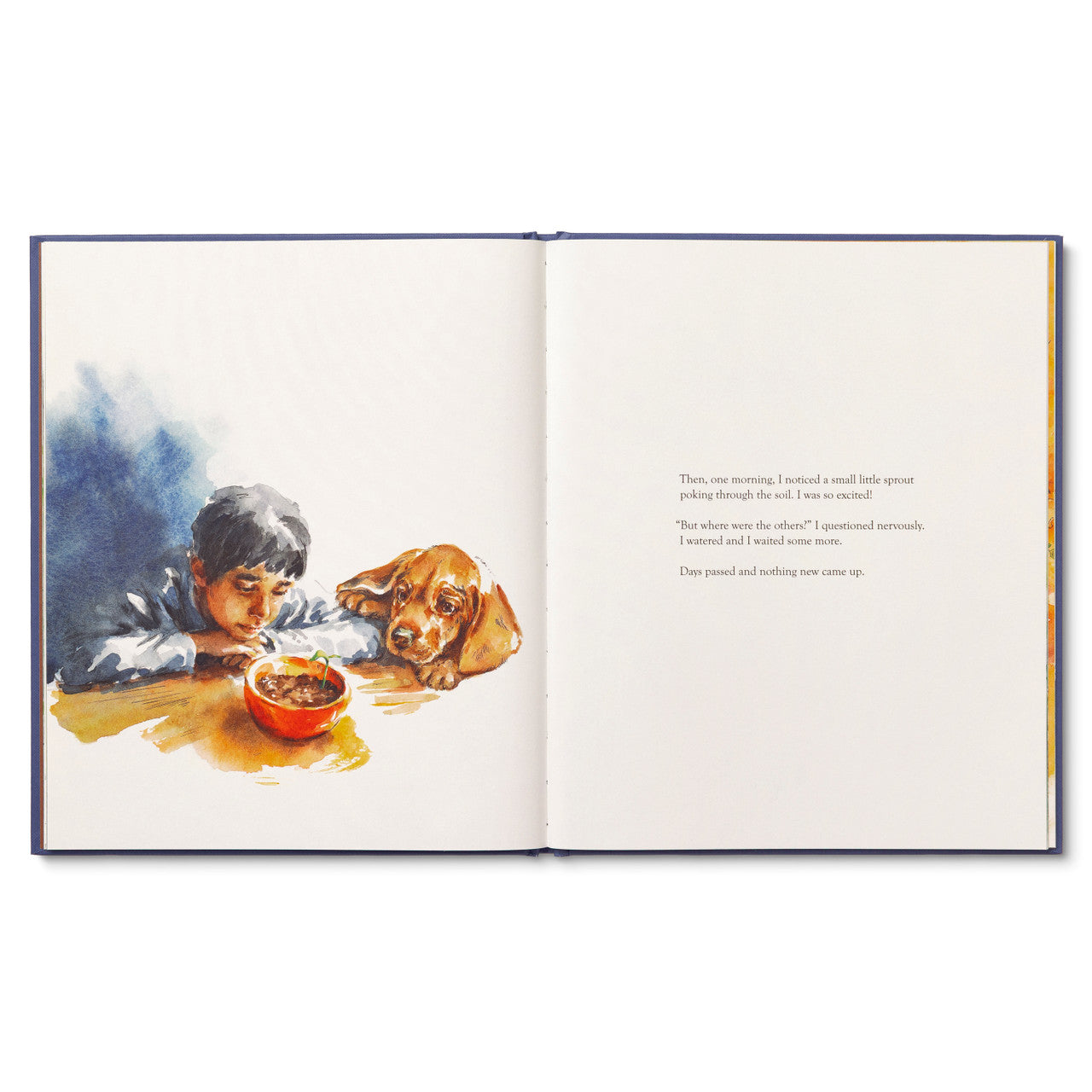 Compendium Caring book open to an illustration of a child feeding a puppy