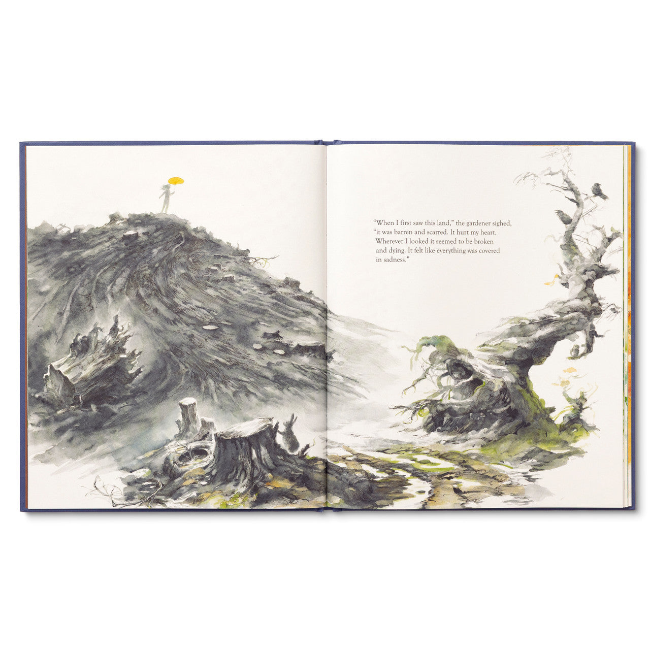 Compendium Caring book open to a watercolor of a windswept tree on a rocky hillside