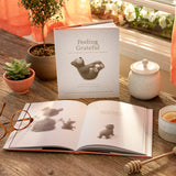 Compendium Feeling Grateful book on a wooden table with an open copy, plants and honey