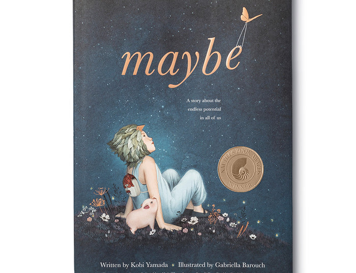 Compendium Maybe Deluxe Book, a navy starry cover with a child sitting on a moon