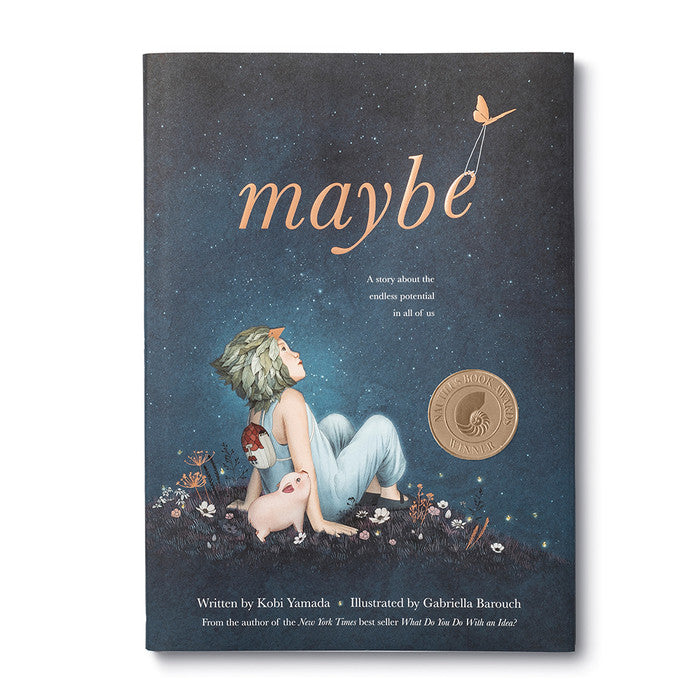 Compendium Maybe Deluxe Book, a navy starry cover with a child sitting on a moon
