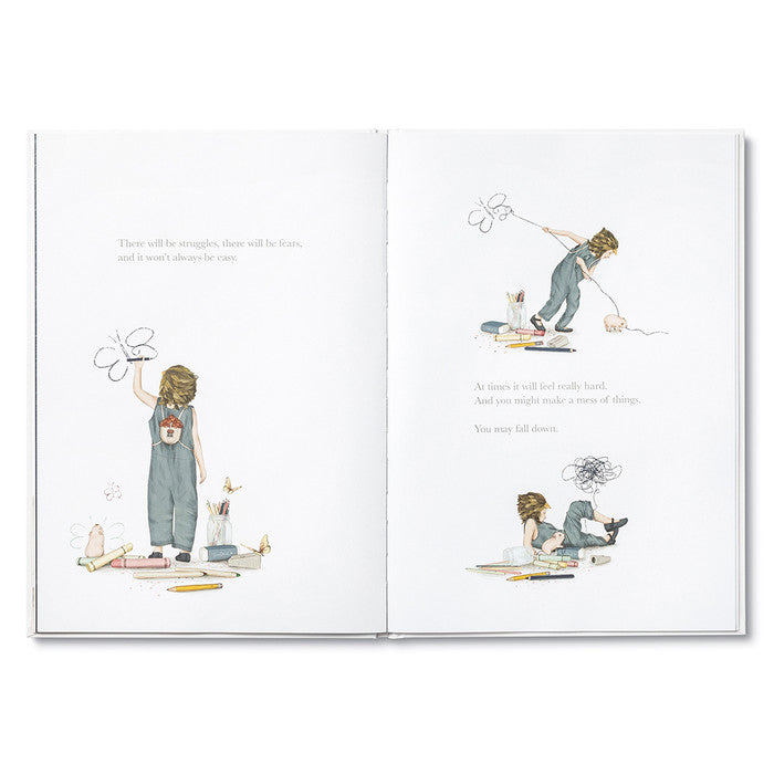 Compendium Maybe Deluxe Book open to a child drawing and playing across two pages
